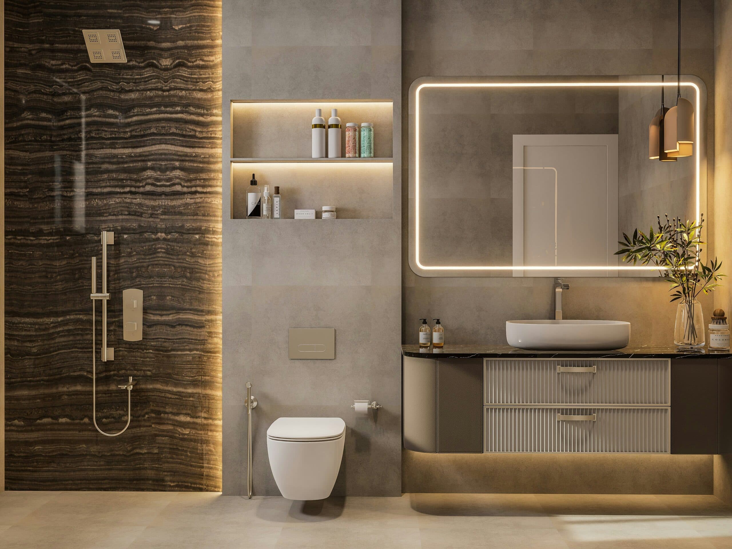 Curbless walnut and limestone shower bathed in skylight daylight